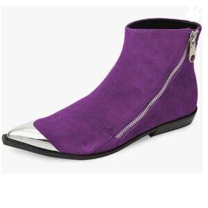 FSJ Purple Western Ankle Boots Low Heel Pointed Toe Side Zipper Dress Shoes